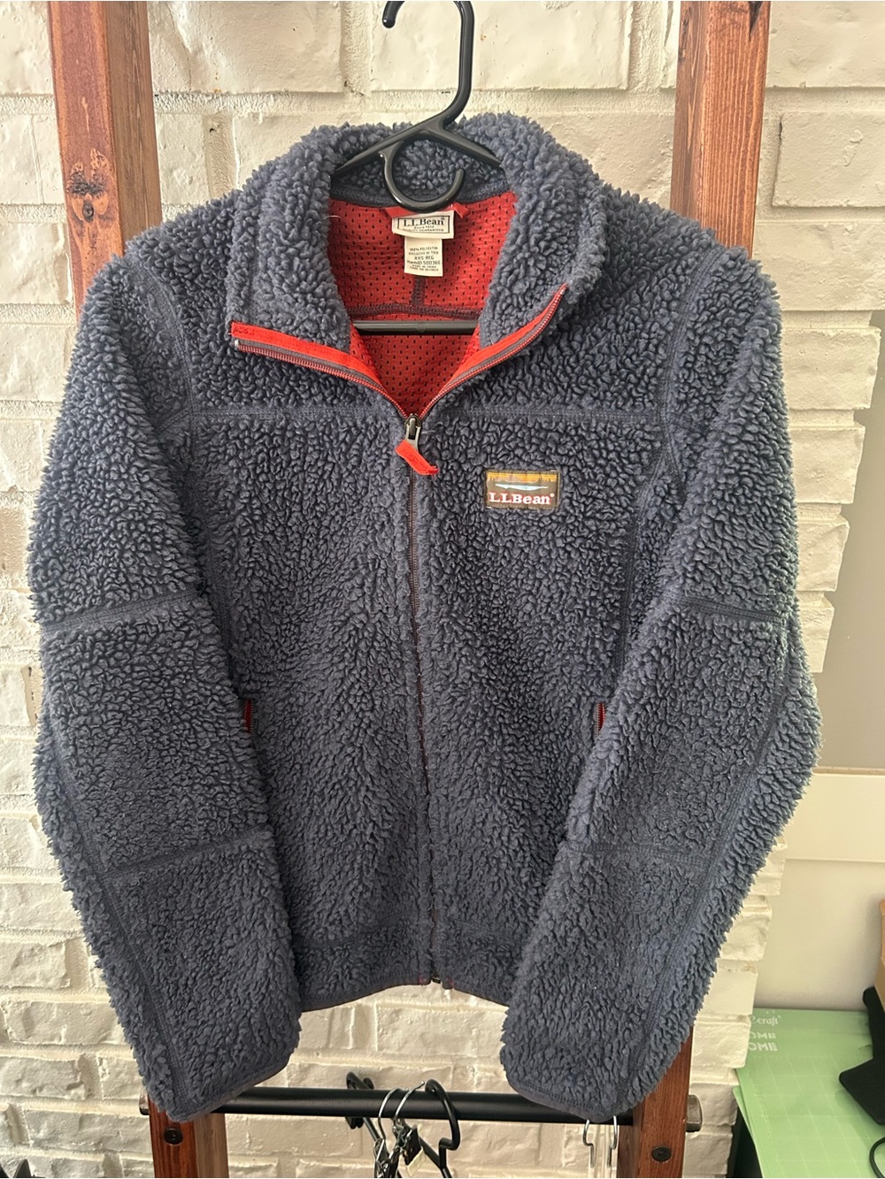 LL Bean Womens XXS Mountain Deep Pile Fleece Sherpa Jacket Navy Blue Maroon